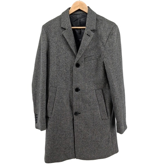 Mens H&M 40R Gray Brown Herringbone Wool Blend Overcoat Top Coat Business - Picture 1 of 15